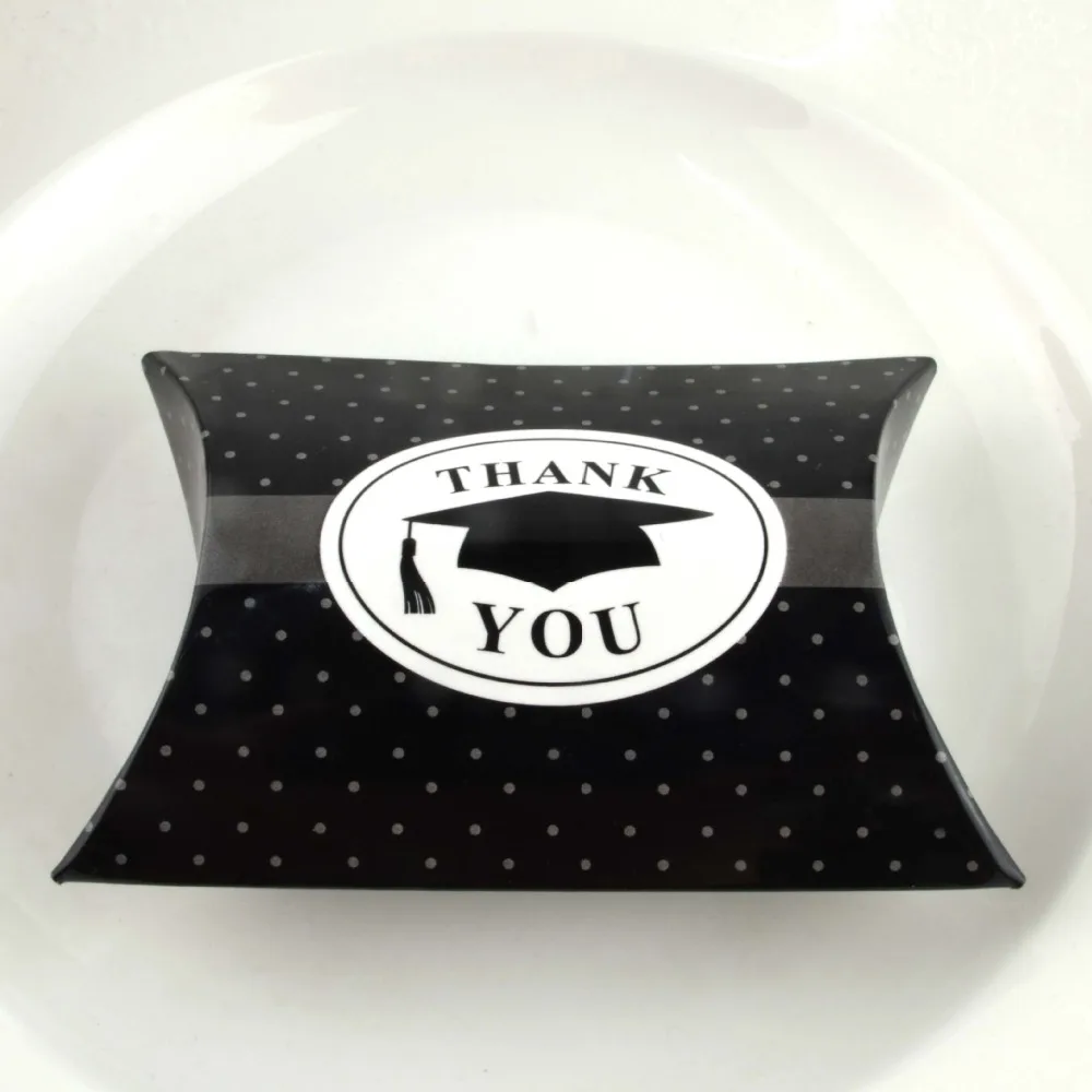 

10pcs Black Pillow Box Thank You Bachelor Cap Paper Candy Boxes Graduation Gift Candy Packaging Party Favor Bags