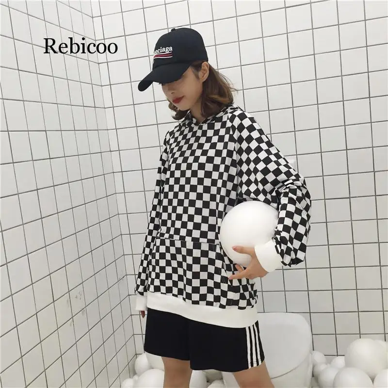 Женский свитшот в клетку Rebicoo черно белый Свободный с длинным рукавом и капюшоном