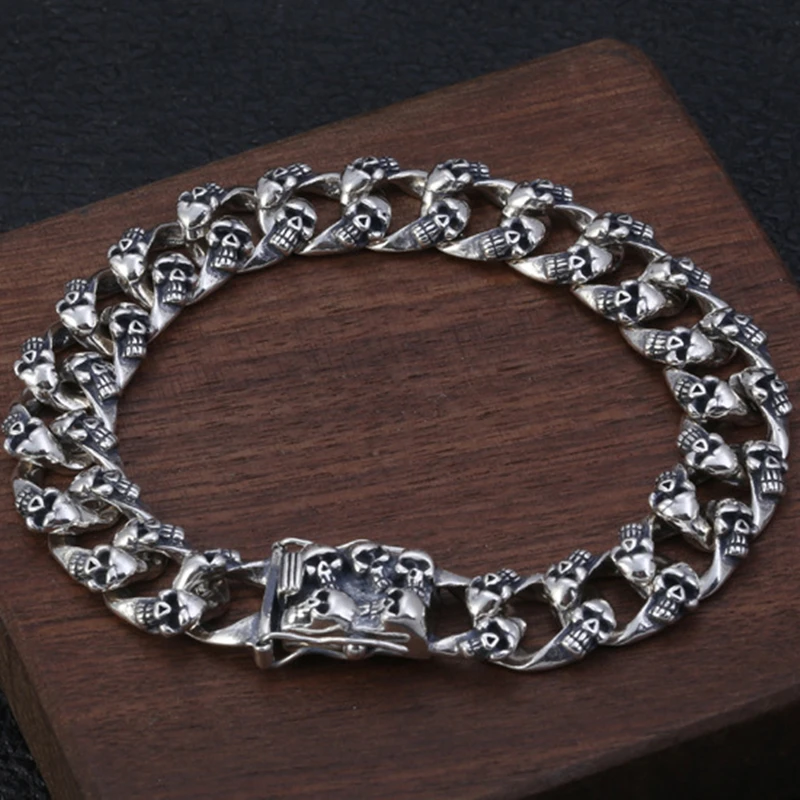S925 стерлингового серебра ювелирные изделия личности хип хоп ветер цепочка на запястье мужской тайский серебряный старый череп браслет