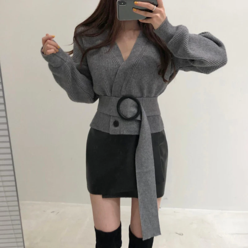 GALCAUR/вязаные минималистичные женские свитера с v-образным вырезом и длинными рукавами с поясом, корейские женские кардиганы, осенняя мода, новинка