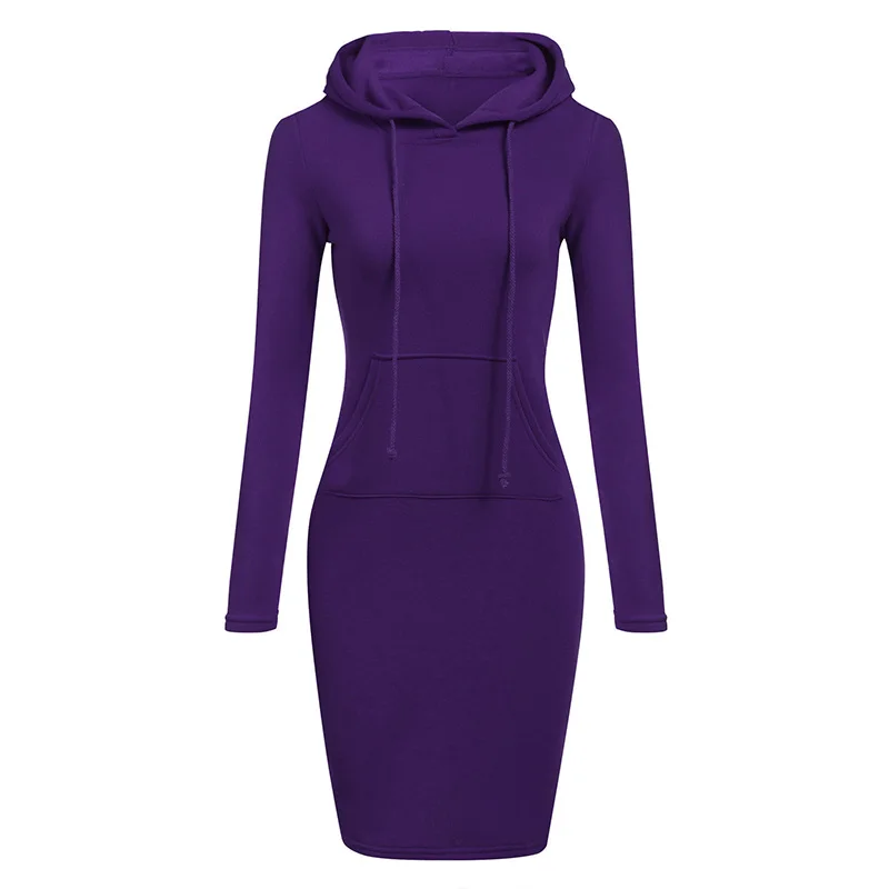 Осенне-зимняя теплая толстовка платье с длинными рукавами женская одежда дизайнерские пуловеры с капюшоном и карманом простое женское платье - Color: Purple