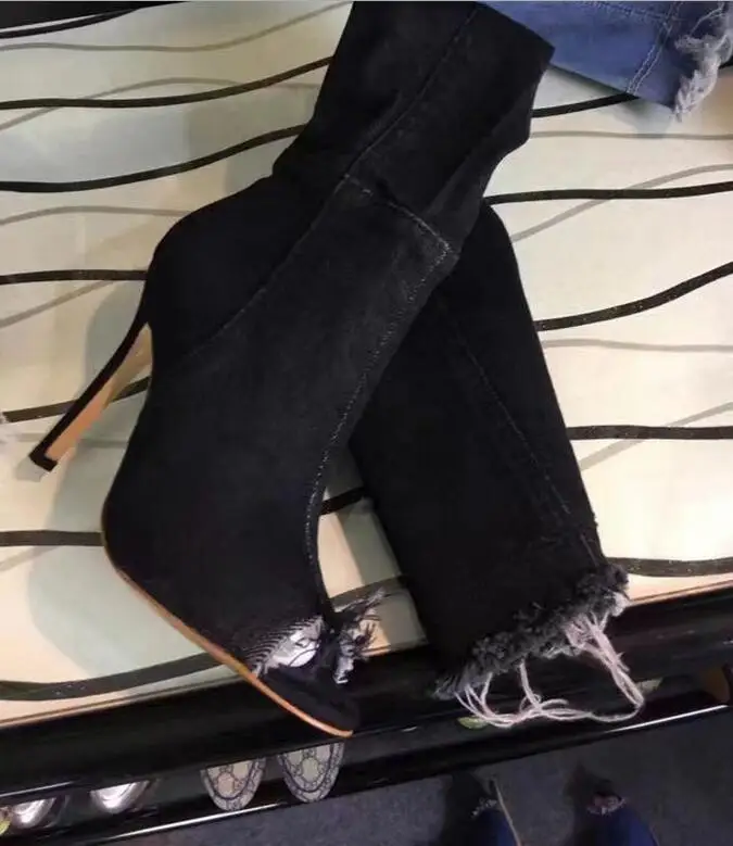 Пикантные сапоги; женские облегающие Высокие Сапоги выше колена; Bottes; туфли-лодочки с открытым носком; синие джинсовые туфли на молнии с дырками; Botas Mujer