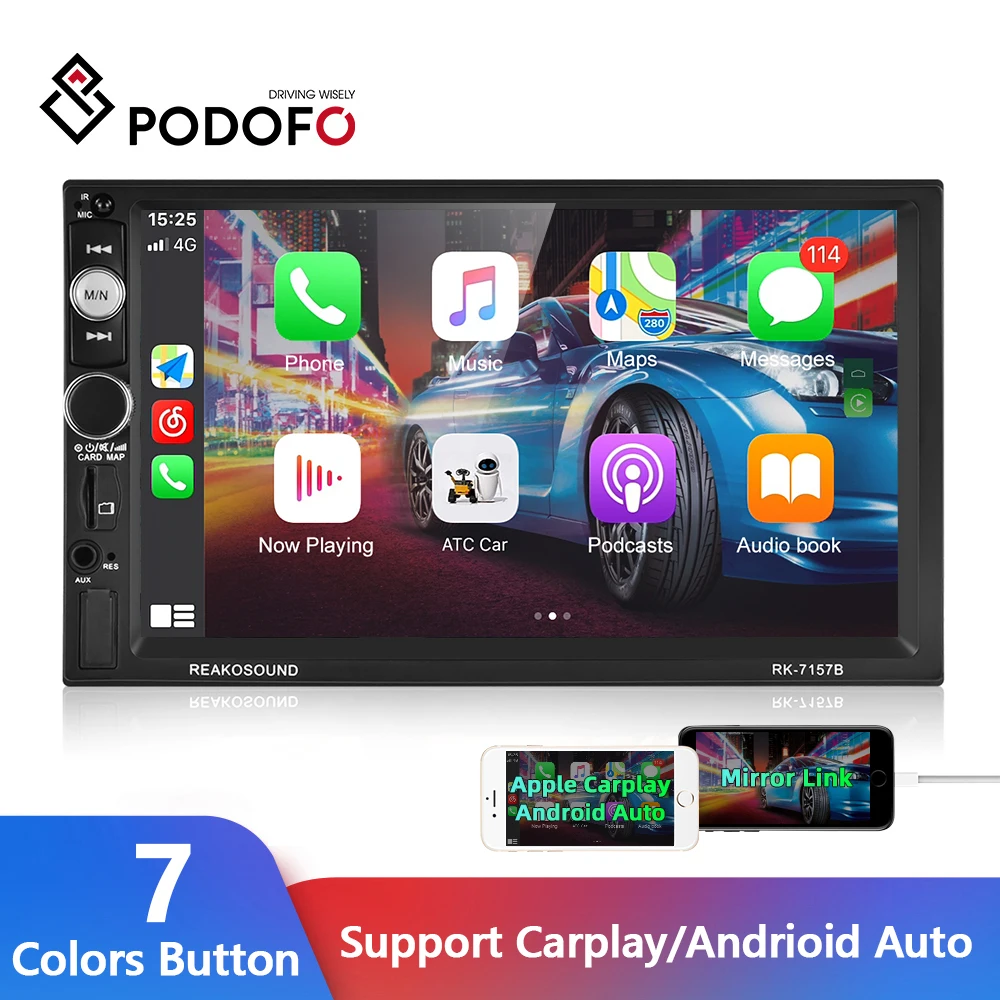Podofo Car Radio Carplay Android Auto 2 Din Mp5 Multimedia Player Hd