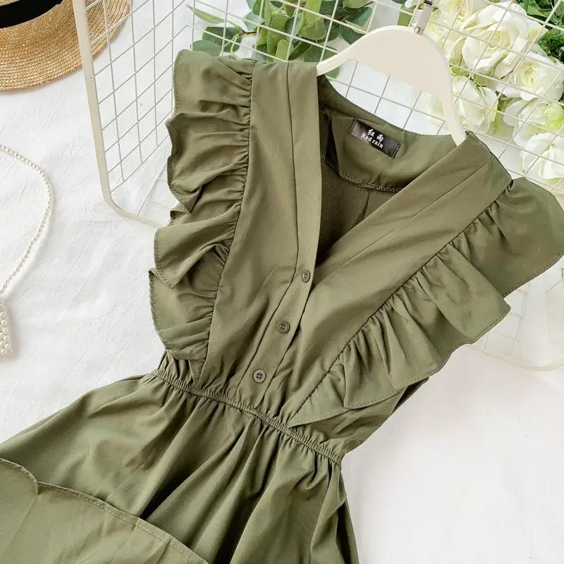 Elegant Women Midi Dress Fashion Summer Button A Line Sleeveless Ruffles Button High Waist Female Beach Vestidos New