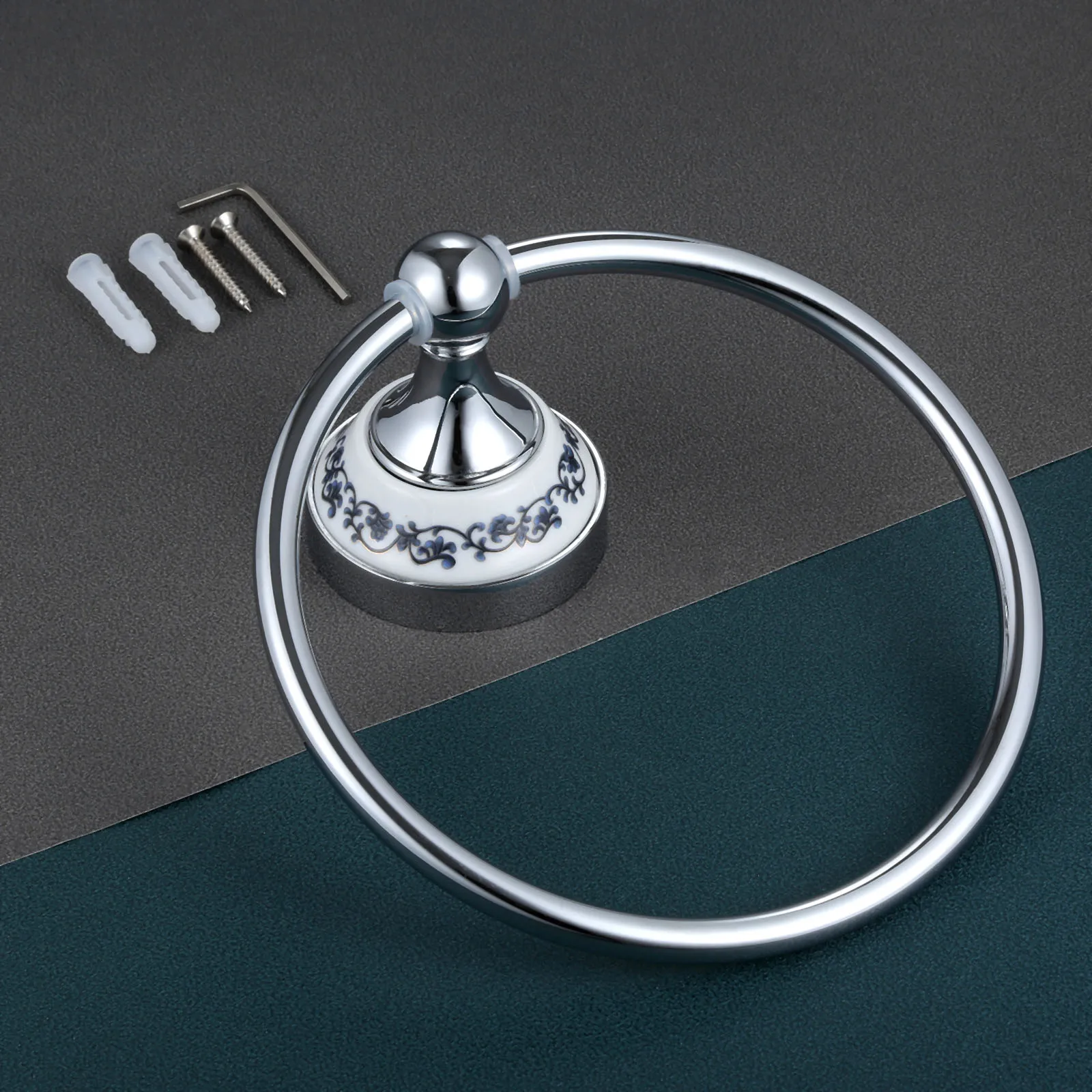 Silver Towel Ring Hook Holder Wall Mount Rack Blue&White Porcelain Ceramic Base Stainless Steel Old Chinese Decor 157mm Diameter bathroom towel ring,bathroom towel holder