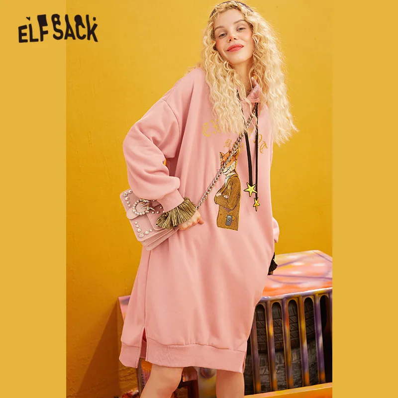 ELFSACK черный однотонный, принт с лисой, в Корейском стиле, спортивные толстовки с капюшоном и Для женщин на осень-зиму прямо в стиле пэчворк с длинными рукавами свободные леди платье на каждый день