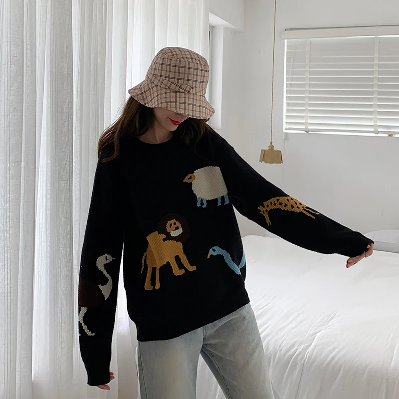 Mooirue, Осенний Повседневный вязаный свитер, Забавный мультяшный принт с животными, круглый вырез, винтажная уличная одежда, корейский винтажный пуловер Harajuku
