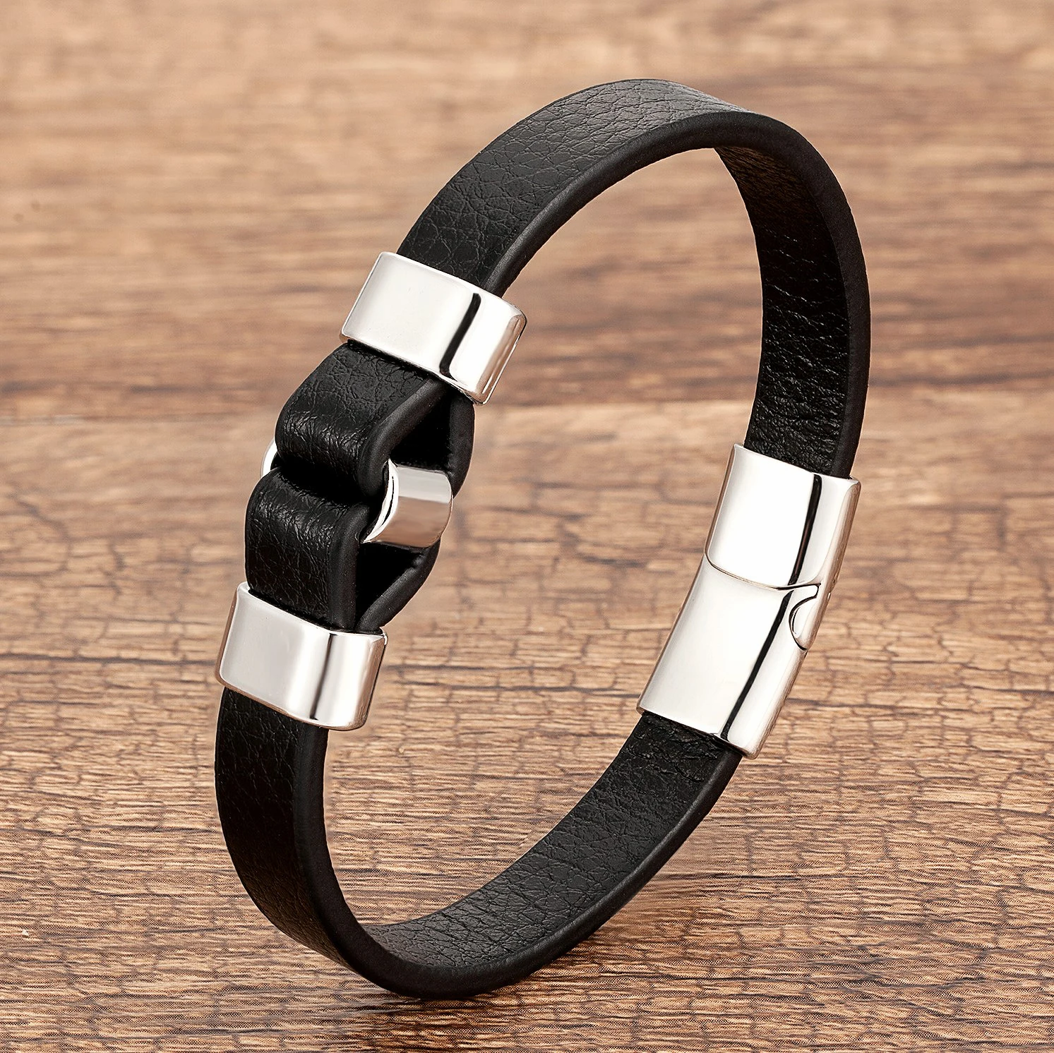 Genuine Leather Men Bracelet Charm Black Gold Color Magnetic Clasp Vintage Bangles Men's Jewelry bracelet jewelry