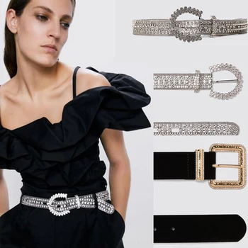 

ZA Crystal Gems Velvet Belts Women 2020 Fashion Charm Metal Buckle Lined Belt Bridal Wedding Belly Waist Jewelry Party Wholesale