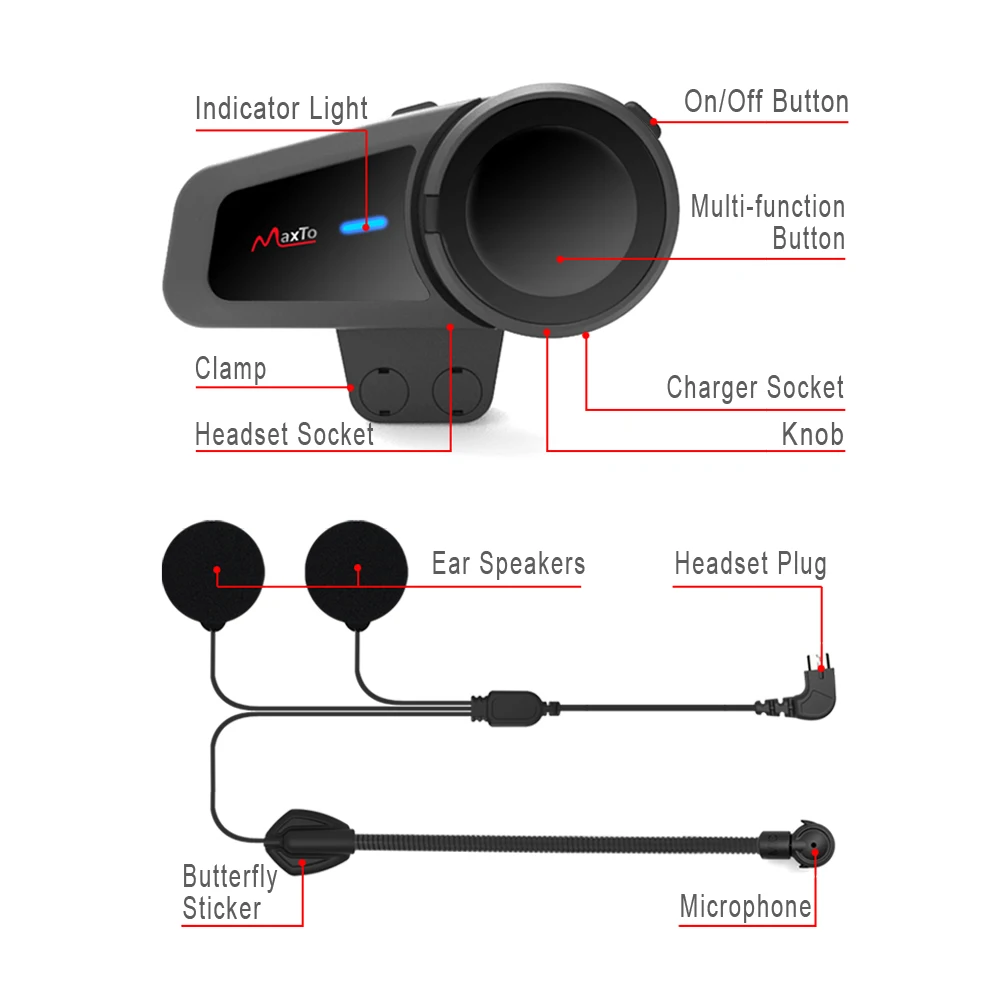 2PCS Maxto M2  6 ̴ 1000M  Bluetooth5.0 FM MP3  Casco  Intercomunicador  