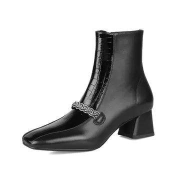 

Genuine Leather crystal Square High Heeled Chelsea Boots Classic Office Women Ankle Boots Autumn Winter Shoes Woman