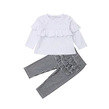 安い 秋幼児子供ベイビーガールフリル長袖チェック柄パンツレギンス2個衣装服1-5Y