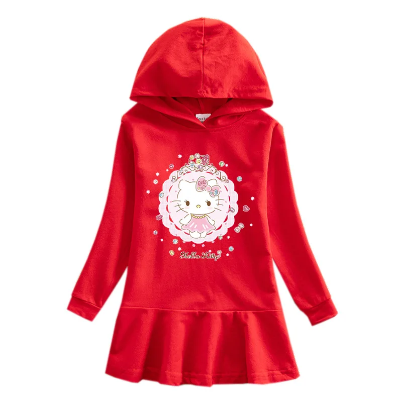 thumbnail image 1 of Vestido estampado de dibujos animados de Hello Kitty para niños, sudadera con capucha sencilla a la moda, vestido, ropa para niños, falda de princesa de algodón para bebés, 1 of 5