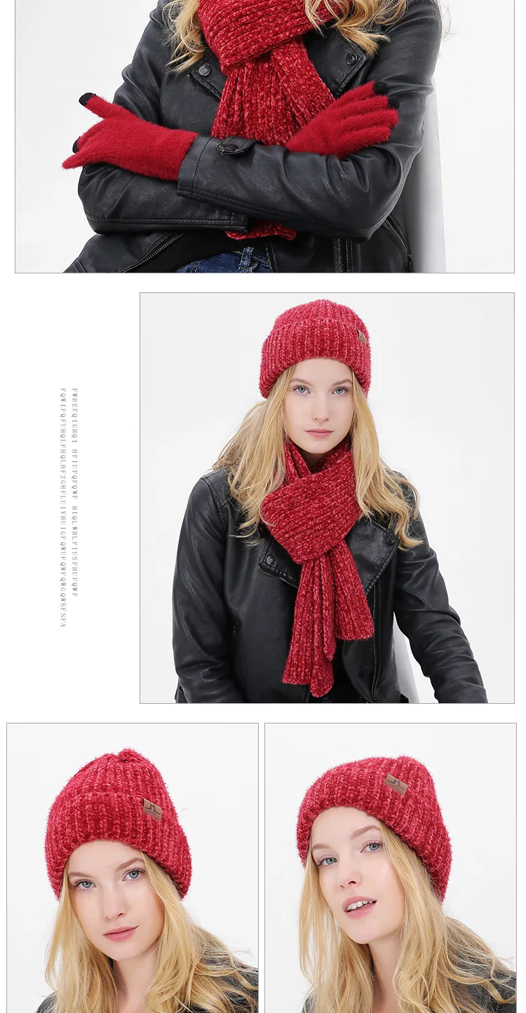 Зимняя шапка и шарф, комплект для женщин, вязаная шерстяная шапочка для девочек, шапка из хлопка, женская шапка и шарфы, комплект перчаток