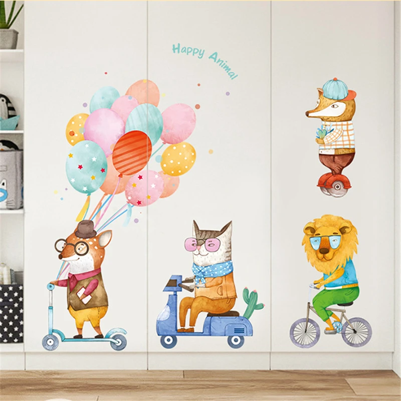 1PC Large Cartoon Animals Wall Decor Happy Lion Fox Riding Wall Stickers Colorful Balloon For Kids Room Home Decor Funny 60*90cm