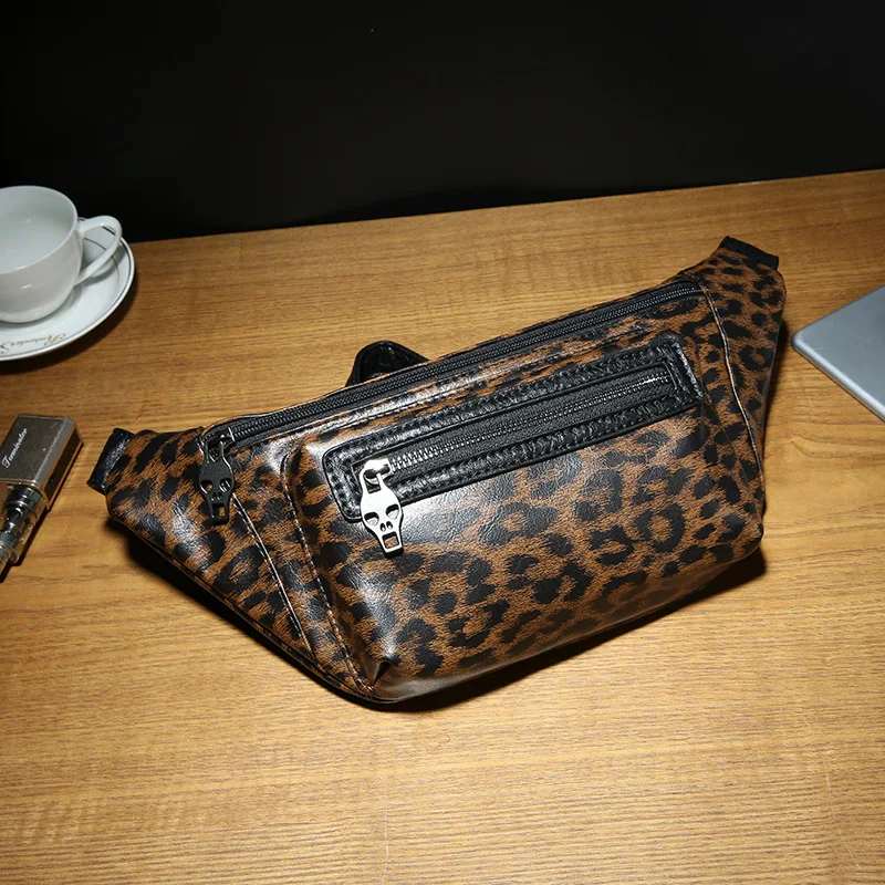 

Korean men's fashion Leopard waist bag personality Joker small chest bag fashion shoulder bag