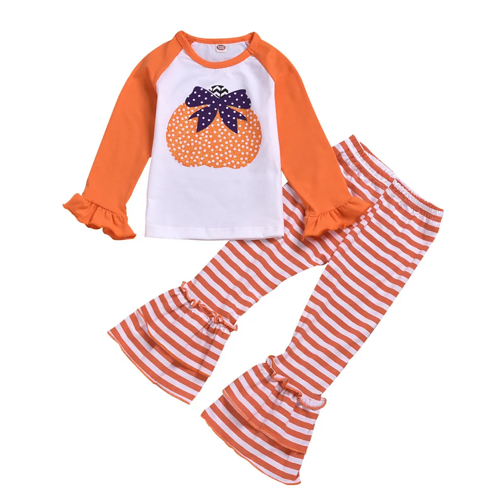 

Baby Child Girl Halloween Pumpkin Quirky Cotton Long Sleeve Pumpkin Top + Striped Flare Pants Set Children's Halloween Gift