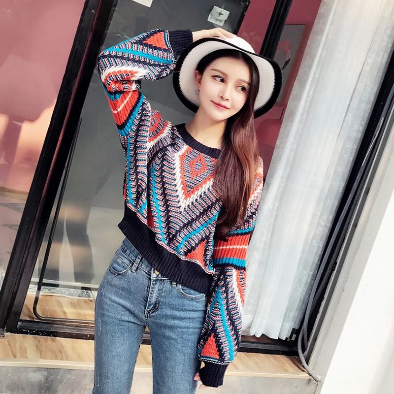 

2017 Autumn And Winter New Style Korean-style Contrast Color Fashion Lantern Sleeve Loose-Fit Sweater Women's Pullover Crew Neck