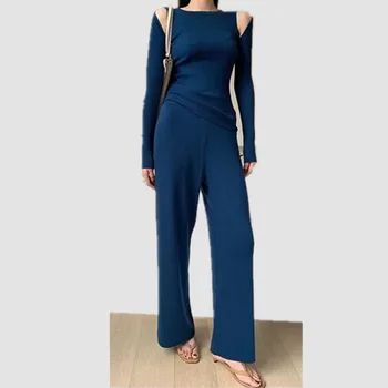 

2020 Autumn Knitted Sweater Chic Set Sexy Off Shoulder Pullover Top Elastic Waist Trouser Fashion Two Piece Pant Tracksuit