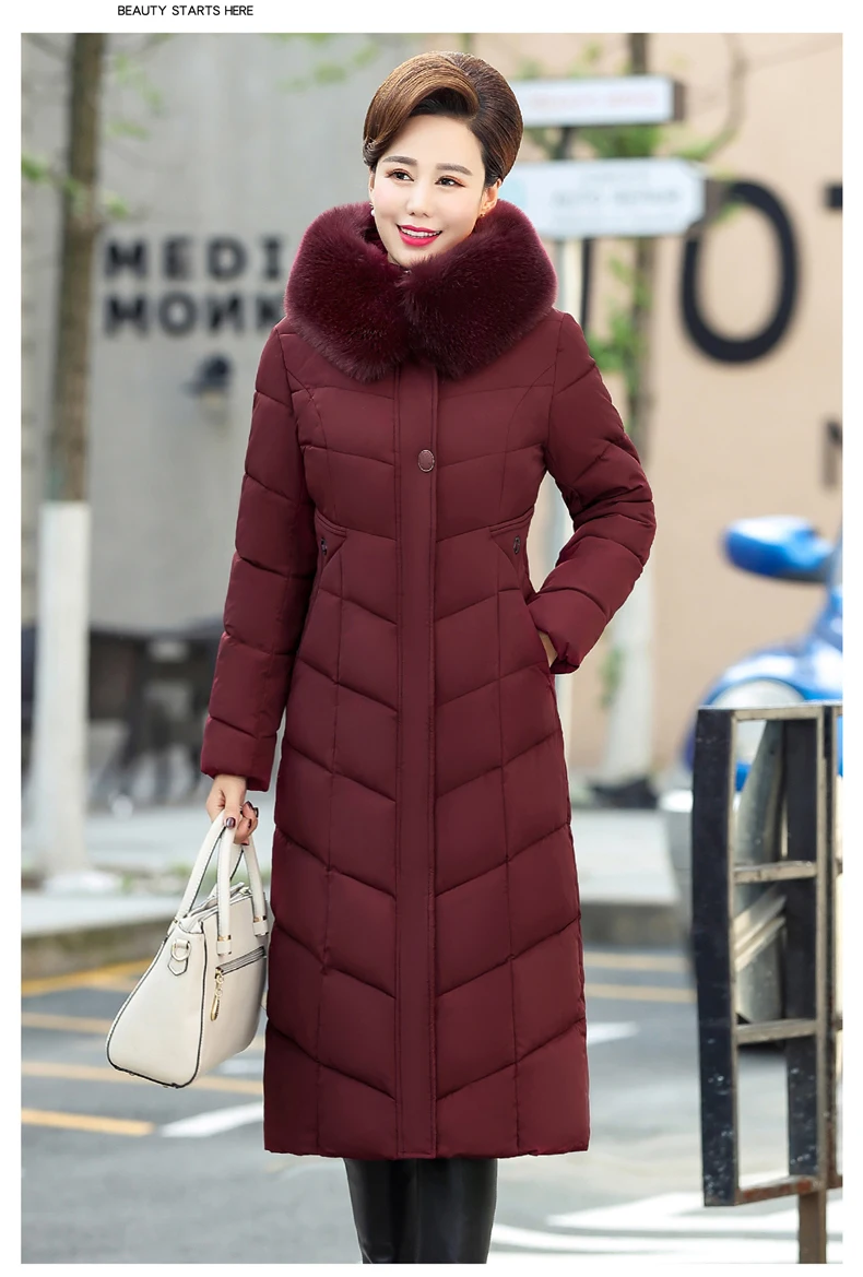 Зимняя куртка X-long женский меховой воротник среднего возраста, женские парки, плотное длинное пальто с капюшоном, плюс размер 5XL, пуховое хлопковое Женское пальто