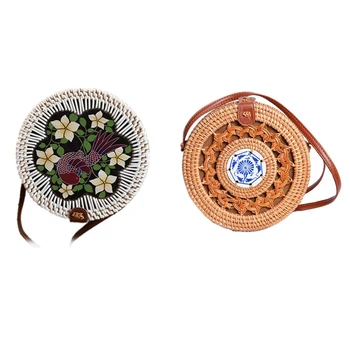 

Vintage Handmade Woven Bag Rattan Woven Shoulder Bags PU Straps Bow Hasp Rattan Bag & Round Multi Style Straw Bag Handbags Women