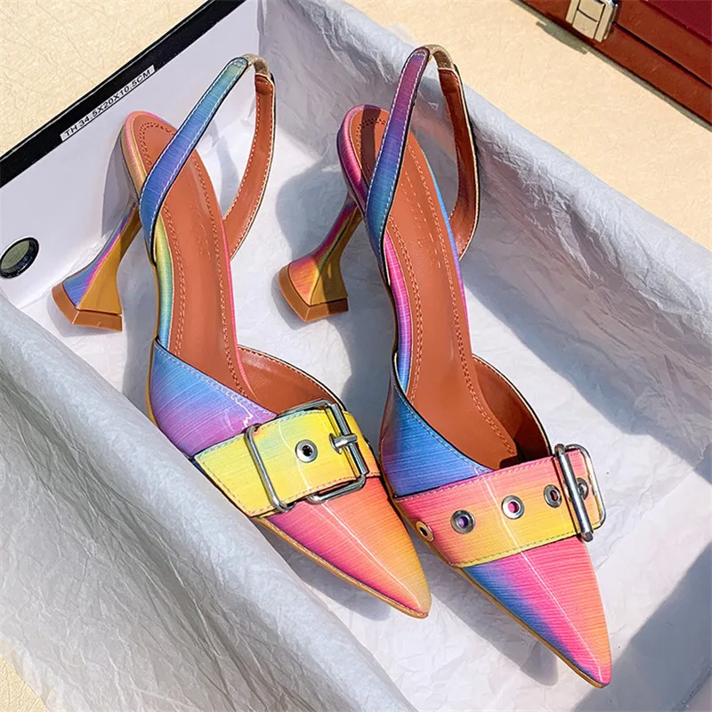 Women's Sandals 2020 Summer Pointed Toe Belt Buckle High Heels Sandals Shoes Woman Sexy Stitching Color Wine Glass Heel Sandals (5)