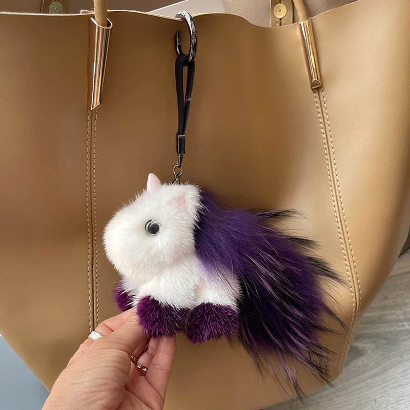 Unicorn Fluffy Fuzzy Keychain Real Mink Fur Bag Charm With Genuine Raccoon  Fur Tail Handbag Hanging Pendant