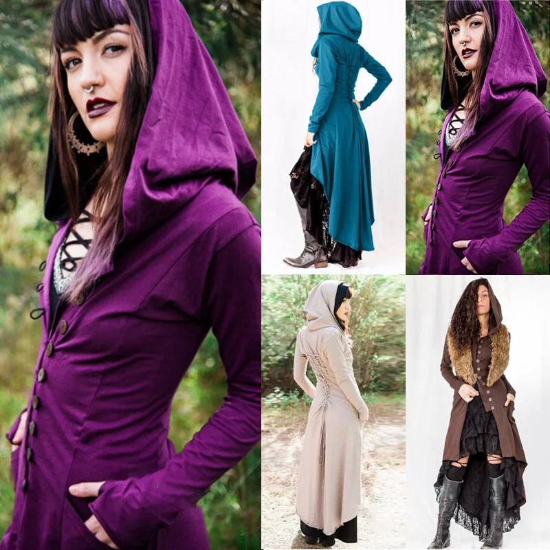 Женская куртка средневековый винтажный смокинг с капюшоном длинный рукав тонкий осень. Шнуровка вечерние Клубные длинные готические стимпанк пальто леди