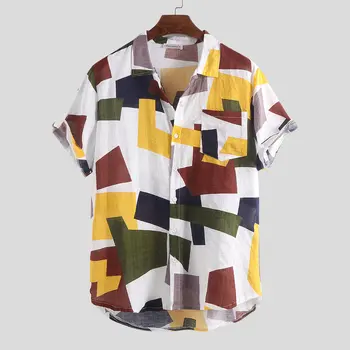 Summer Mens Shirts Cotton Linen Blouse Shirt Short-sleeve Button-down Print Loose Hawaiian Shirt Blouse Beach Undershirt Soft 2