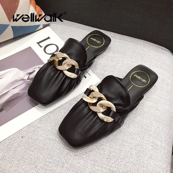 

Thick Chain Mules Shoes Women Flat Slippers Square Toe Pleated Slides Female Brand Designer Shoe Woman Fashion Dress Loafers New