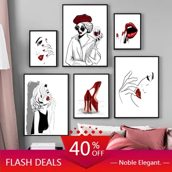 Billig Leinwand Malerei Mode Roten Lippen Mädchen High Heels Salon Wand Kunst Nordic Poster Und Drucke Wand Bilder Für Wohnzimmer Hause Decor