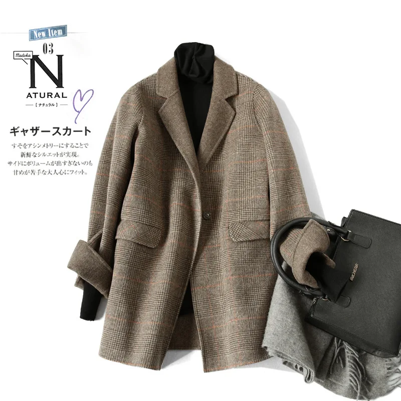 

Shuchan Plaid Women Wool Coat Covered Button Turn-down Collar Wide-waisted Pockets Abrigos Mujer Invierno 2019 Autumn Winter