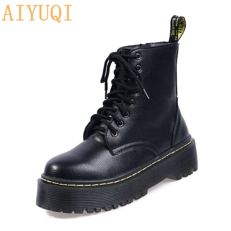 

AIYUQI 2019 New Autumn Women Boots Platform flat Lace Up Flat Biker Combat Black Martin Boots Shoes Woman Booties