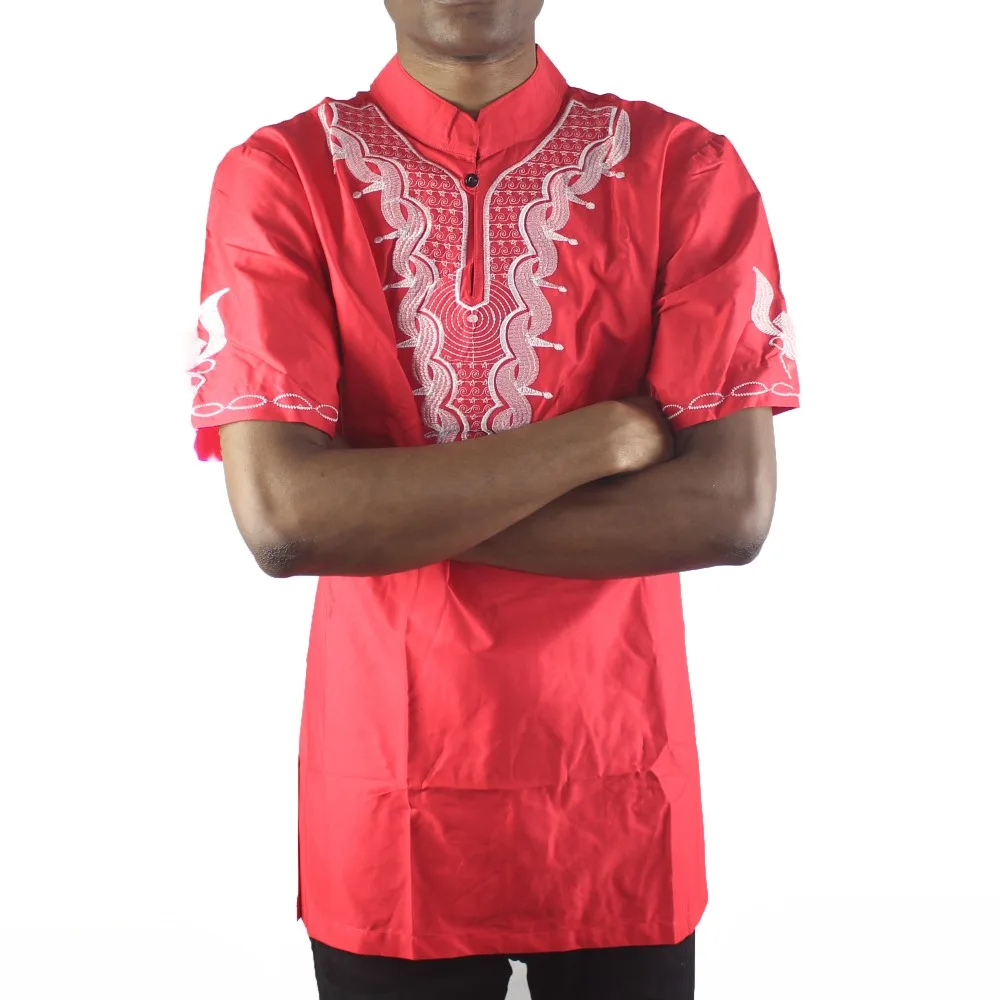 Африканские красные мужские Этнические вышитые топы Мандарин воротник с коротким рукавом Кафтан рубашки для мужчин летняя одежда