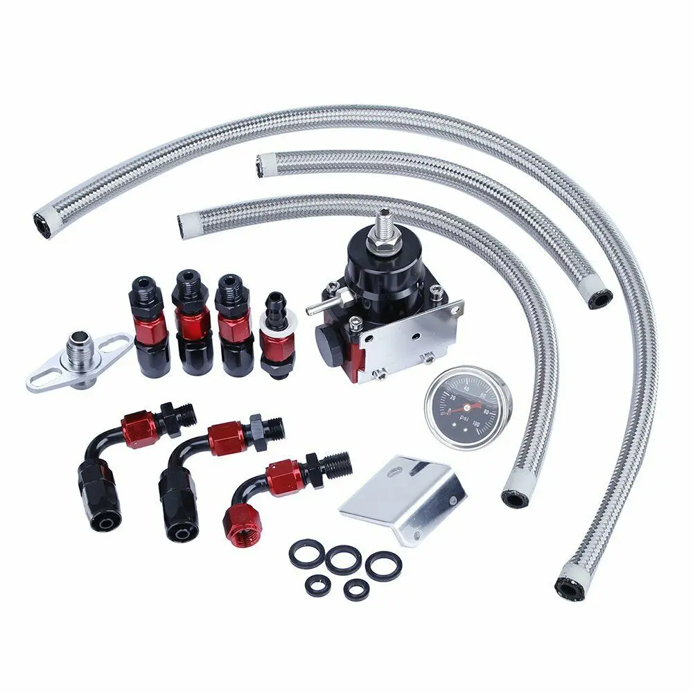 

Adjustable Fuel Pressure Regulator Universal Bypass Return Kit with Oil 100psi Pressure Gauge 6AN ORB Adapter