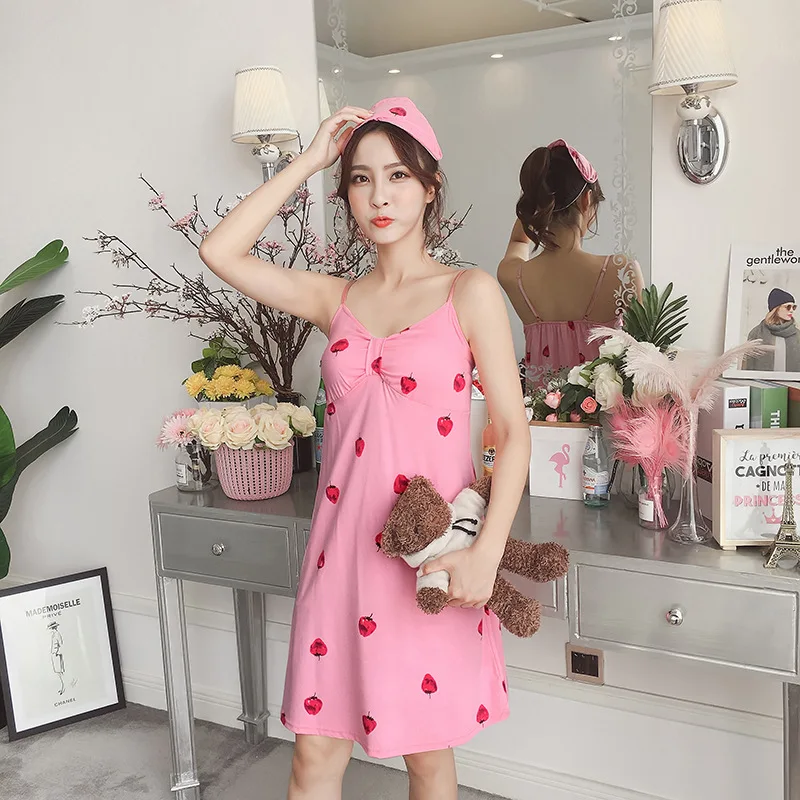

New Style Cartoon Slip Nightdress Women's Qmilch Bow Strawberry Blue Rabbit with Chest Pad Thin Dress