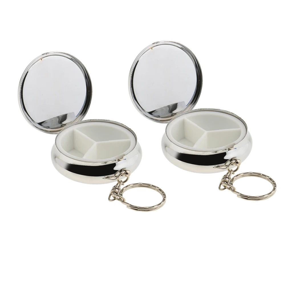 

2 Pieces 3 Slots Rustproof Metal Round Travel Vitamin Organizer Medicine Tablet Box Storage Case with Key Chain Ring