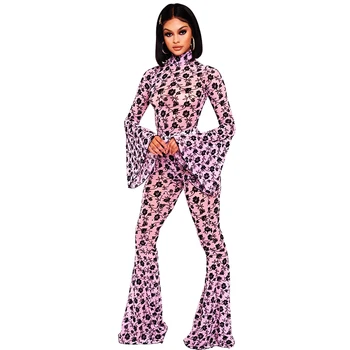 

Zuctuo 2020 Women Spring Printed Two Pieces Set Sexy Trumpet Sleeve Two Piece Set Long Sleeve