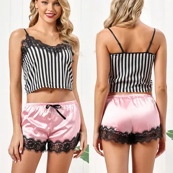 

Silk Satin Sexy Lingerie Flowers Floral Lace Pyjamas Women Underwear Women Pijama Suit Shorts sleepwear Pijama Mujer Пижама