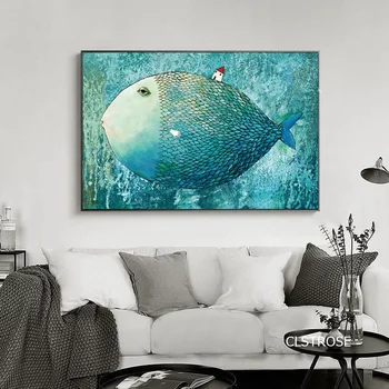 

Nordic Modern Style Cartoon Deep Sea Blue Big Fish Child Posters Art Canvas Pictures For Living Room Decor Painting Unframed