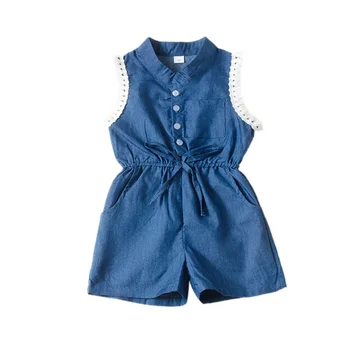 

New Summer Baby Kids Girls Jumpsuit Sleeveless Cotton Solid Color Turn down Collar Single-Breasted Shorts Girls Rompers