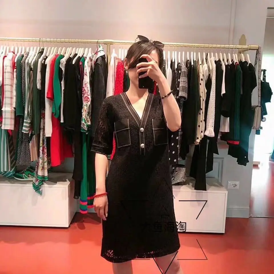 

France Non-mainstream 2019 Early Autumn New Style Pocket Open Wire V-neck Hollow out Lace Ladies' WOMEN'S Dress