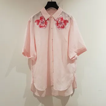 

2020 New Women Short Sleeve Pink Blouse Summer Flower Embroidered Single Breasted Gentle Turn-down Collar Shirts