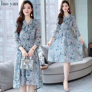 

2020 Vintage Blue Floral Chiffon Midi Dresses Autumn Winter Print Long Sleeve Beach Dress Elegant Women Bodycon Party Vestidos