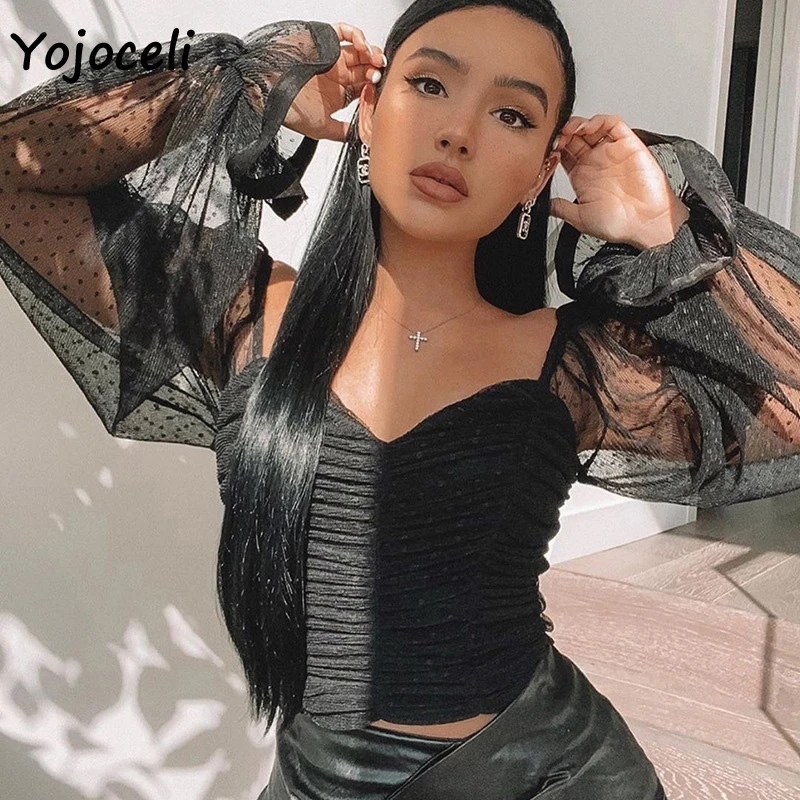 Yojoceli, сексуальные сетчатые блузки в горошек, рубашка для женщин, с открытыми плечами, boho, пляжные кружевные блузки, рубашка, топ, женские короткие блузки