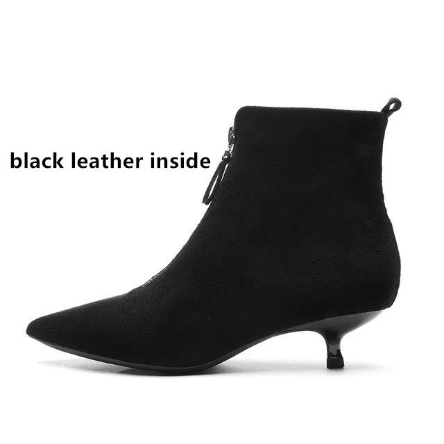 black leather Черные зимние ботинки; женская обувь; Женские однотонные ботинки на молнии с острым носком на высоком каблуке; ковбойские ботильоны на резиновой подошве в западном стиле - Цвет: black leather