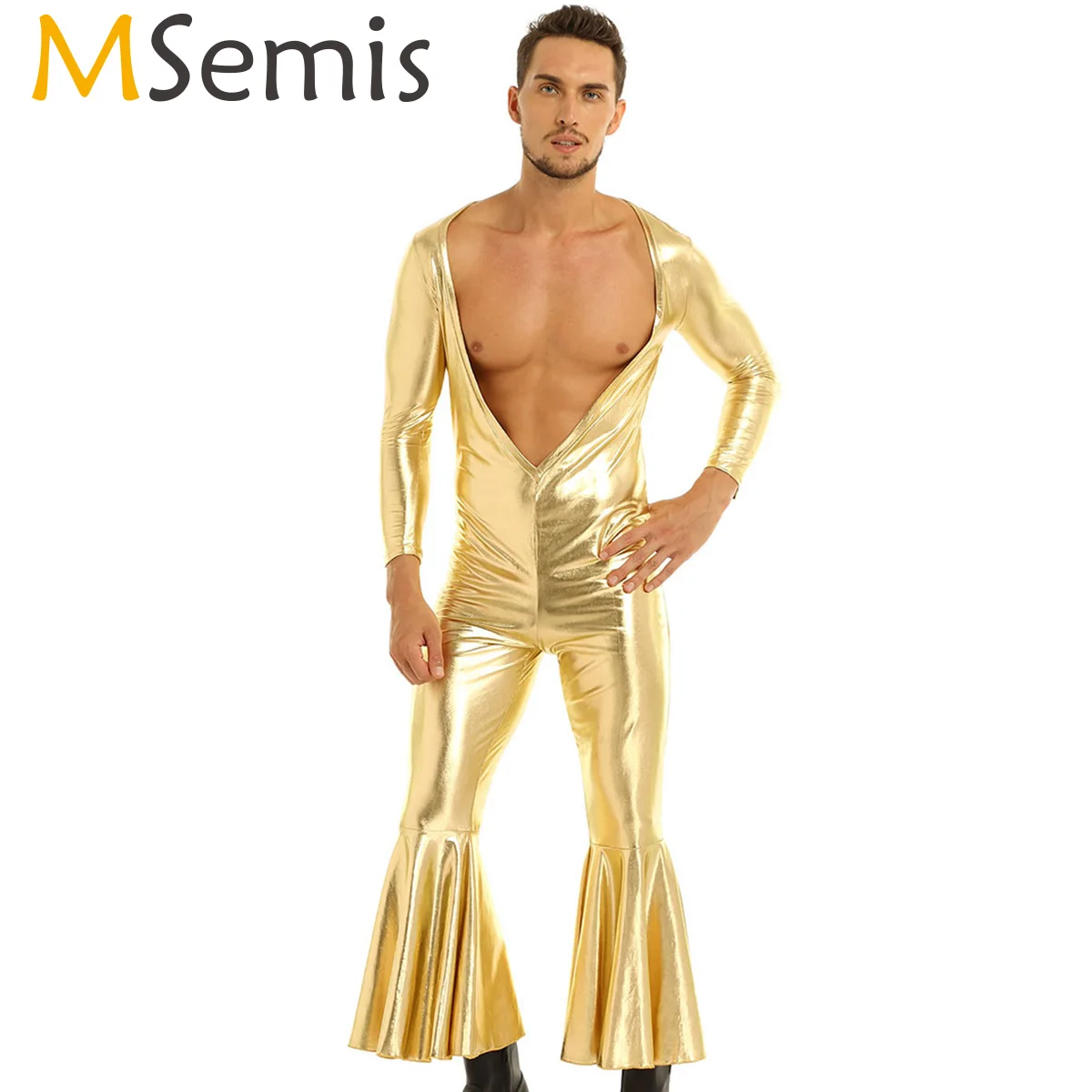 MSemis Men Sexy Bodysuit Shiny Metallic Deep V-Neck Open Chest Long ...