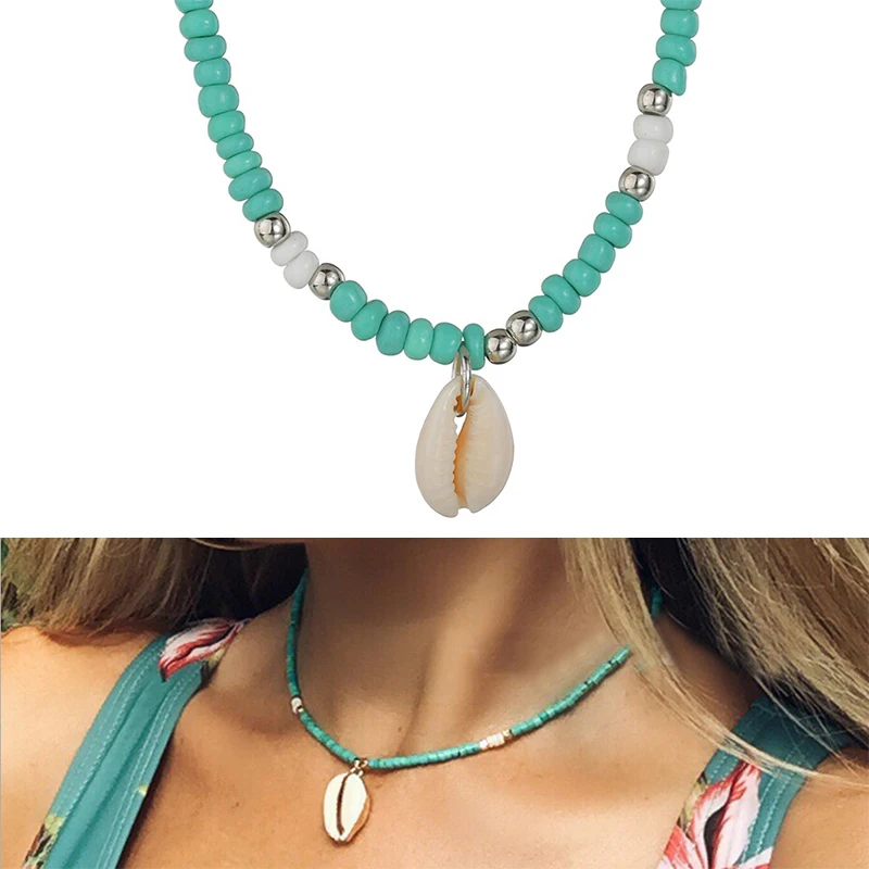 

Boho Seashell Choker Necklace For Women Shell Collar Conchas Green Red Blue Stone Beads Gold Chain Crystal Necklace Jewelry