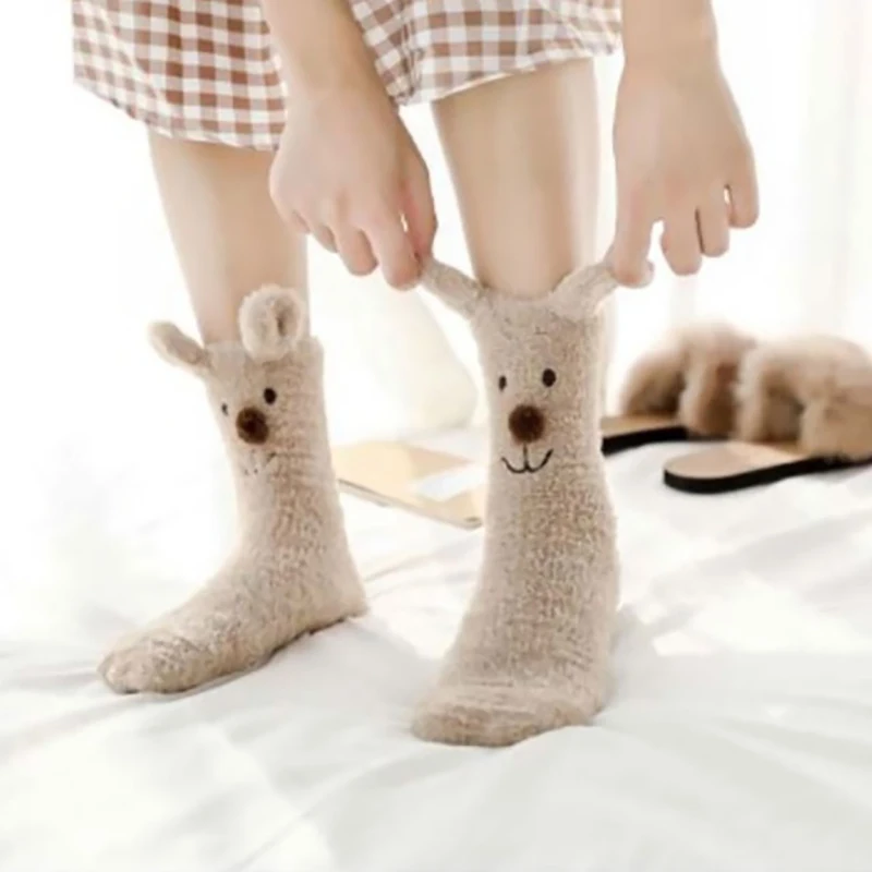 Женские хлопковые теплые носки с объемным рисунком милого лося, медведя, кролика Kawaii, пушистые нескользящие носки-тапочки из кораллового флиса
