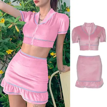 

Crop Tops Women Velvet Outfits Short Sleeve V-Neck Zipper Crop Top Ruffles Bodycon Skirt New